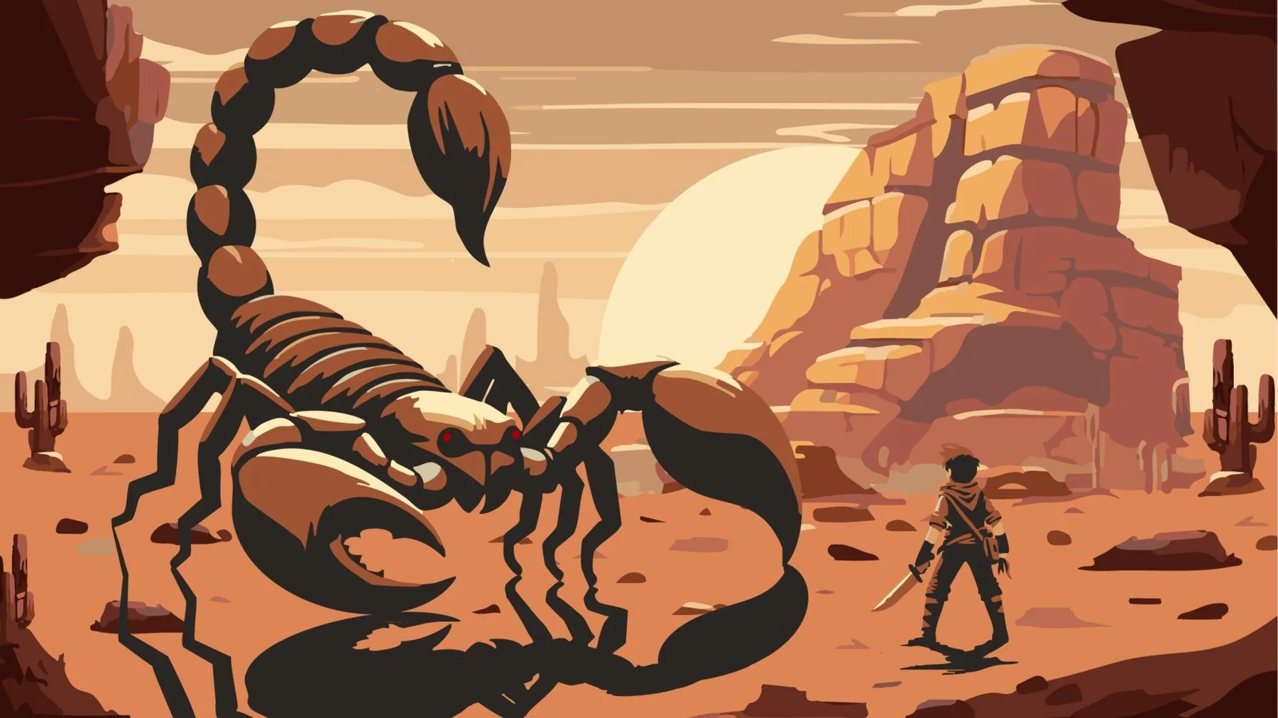 Concept art Hidden : un scorpion géant fait face à un aventurier dans un décor désertique au crépuscule